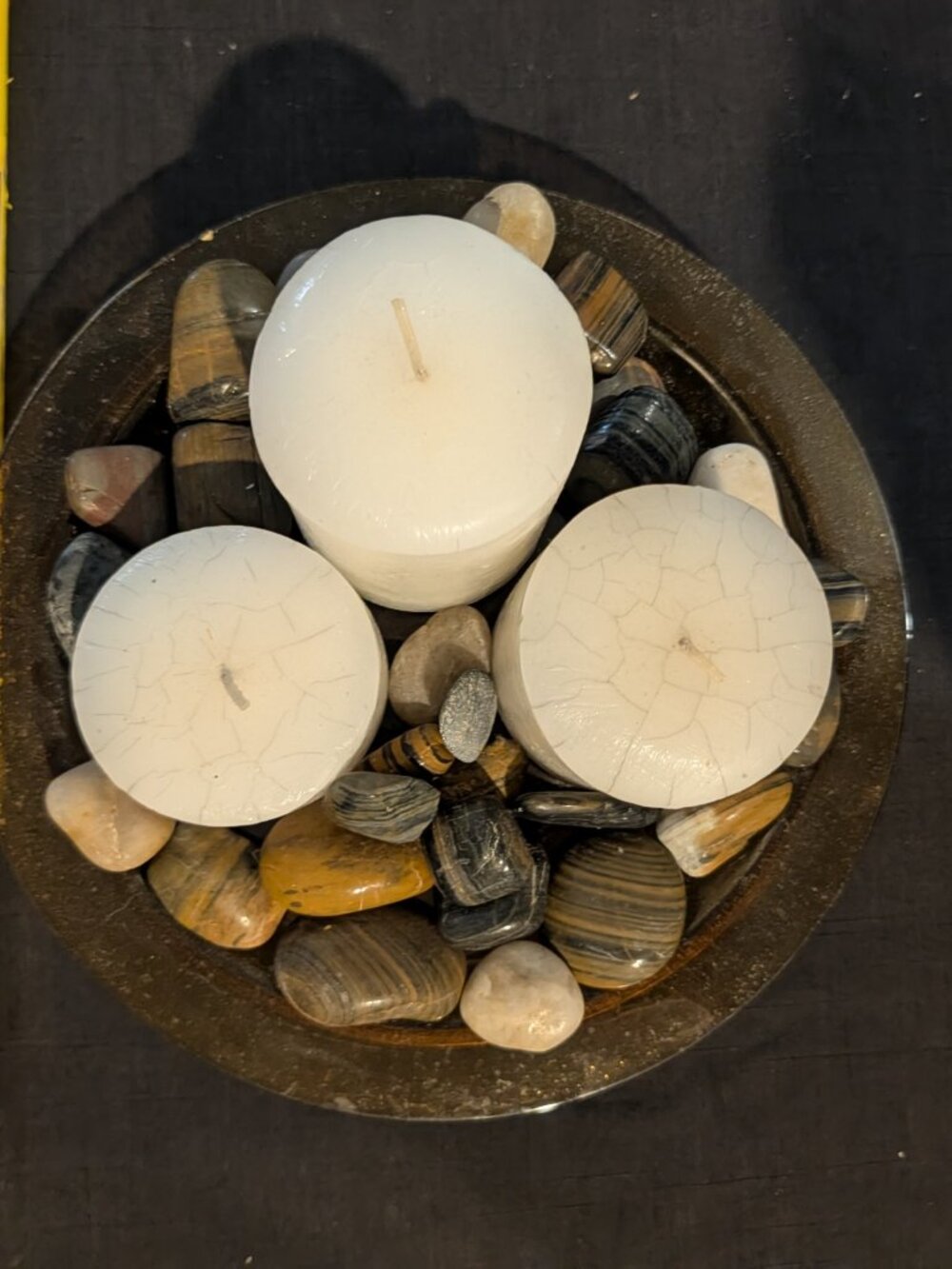 Zen River Rock Glass Bowl Candle Centerpiece with Metal Stand – White, Gray &